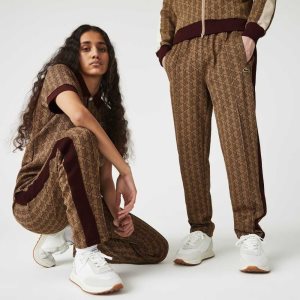 Beige / Bordeaux Lacoste LIVE Monogram Jacquard Tracksuit Pants | UVRAWX-932