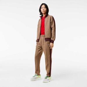 Beige / Bordeaux Lacoste Monogram Print Trackpants | YIUKHS-825