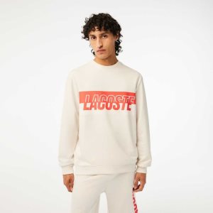 Beige Lacoste Contrast Logo Print Fleece Sweatshirt | VZEQGP-018