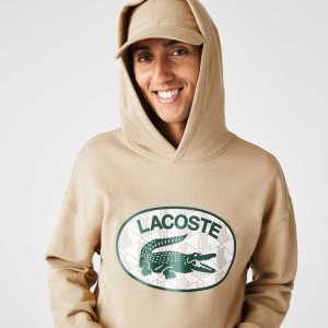 Beige Lacoste Loose Fit Branded Monogram Hooded Sweatshirt | MZTKLH-257