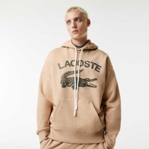 Beige Lacoste Loose Fit Crocodile Hooded Sweatshirt | GUPQXW-703