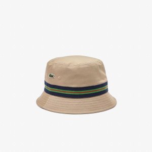 Beige Lacoste Organic Cotton Stripe Band Bucket Hat | VKMGCT-275