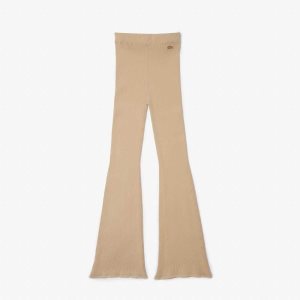 Beige Lacoste Seamless Ribbed Knit Leggings | JLKFNT-184