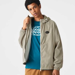 Beige / Navy Blue / White / Khaki Green Lacoste Hooded Check Twill Jacket | ANWKJU-470