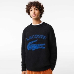 Black / Blue Lacoste Branded Contrast Crocodile Blend Alpaca Sweater | CAZRNV-967