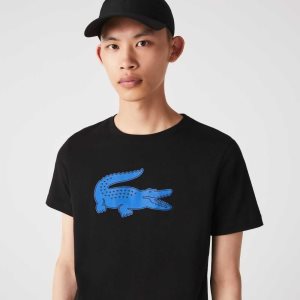 Black / Blue Lacoste SPORT 3D Print Crocodile Breathable Jersey T-Shirt | YNOJRP-130