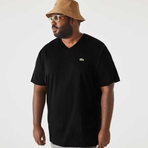 Black Lacoste Big Fit V-Neck Jersey T-Shirt | XMASOY-473