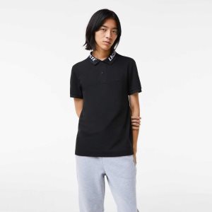 Black Lacoste Branded Slim Fit Stretch Pique Polo | JDWESF-483