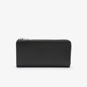 Black Lacoste Chantaco Zippered Matte Pique Leather Wallet | GHEDZO-753