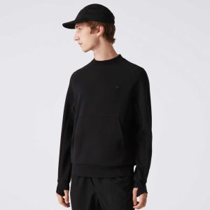 Black Lacoste Crew Neck Kangaroo Pocket Cotton Blend Sweatshirt | UYGEDP-364