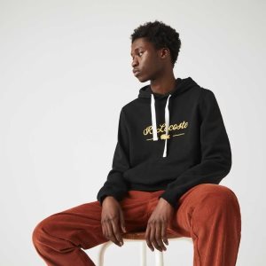 Black Lacoste Embroidered Lettering Hooded Cotton Fleece Sweatshirt | PDQJAX-350