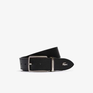 Black Lacoste Engraved Buckle Grained Leather Belt | WTIEYD-145