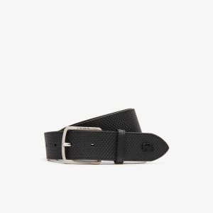 Black Lacoste Engraved Buckle Texturised Leather Belt | ORGFML-642