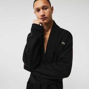 Black Lacoste Loose Fit Long Textured Cotton Knit Bathrobe | HWCADS-208