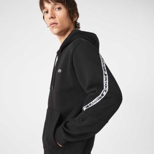 Black Lacoste Printed Bands Hooded Zip Sweatshirt | XVJZOW-596