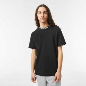 Black Lacoste Regular Fit Branded Collar T-Shirt | XCGRDA-810