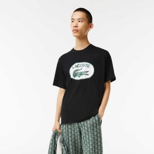 Black Lacoste Regular Fit Branded Monogram Print T-Shirt | QZPIRL-964