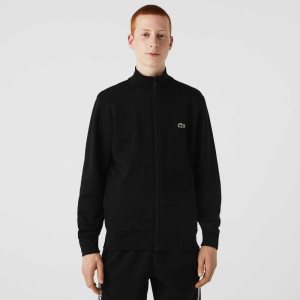 Black Lacoste Regular Fit Brushed Fleece Zippered Sweatshirt | TXBHOR-364