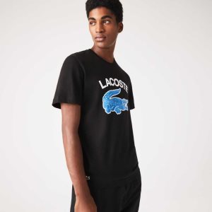 Black Lacoste Regular Fit XL Crocodile Print T-Shirt | LAISEV-482