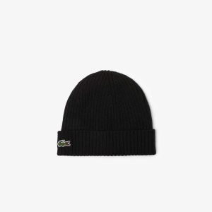 Black Lacoste Ribbed Wool Beanie | LXGUIC-962