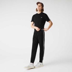 Black Lacoste Signature Striped Colorblock Fleece Jogging Pants | GJHOLK-013