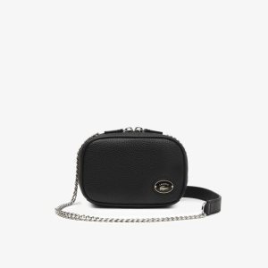 Black Lacoste Top Grain Leather Square Shoulder Bag | SPGCIV-314