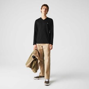 Black Lacoste V-Neck Lightweight Pima Cotton Jersey T-Shirt | AEMYON-265