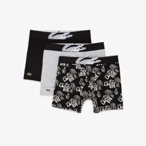 Black / White / Grey Chine Lacoste XXL Crocodile Waist Long Stretch Cotton Boxer Brief 3-Pack | JMXEAZ-041