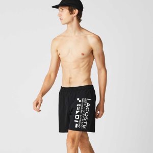 Black / White Lacoste Nautical Print Swim Shorts | PQSRWT-427