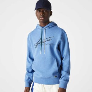 Blue Chine Lacoste Signature Flecked Cotton Fleece Hoodie | RUBEAX-710