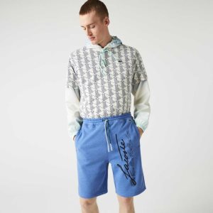 Blue Chine Lacoste Signature Print Cotton Fleece Shorts | VXKROQ-148