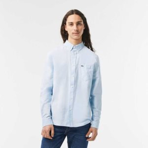 Blue Lacoste Buttoned Collar Oxford Cotton Shirt | HUBQJW-582