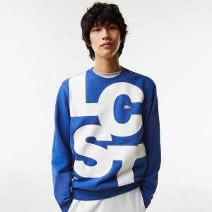 Blue Lacoste Classic Fit Contrast Lettering Cotton Sweatshirt | WFDOIE-613