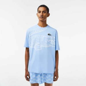 Blue Lacoste Crew Neck Loose Fit Crocodile Print T-Shirt | HVPGDM-450