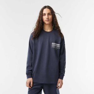 Blue Lacoste Loose Fit Cotton Jersey Long Sleeve T-Shirt | RSMIOU-294