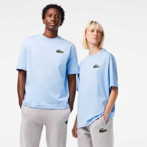 Blue Lacoste Loose Fit Large Crocodile Organic Cotton T-Shirt | RJCWNZ-362