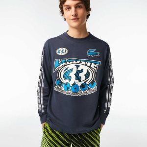 Blue Lacoste Loose Fit Long Sleeve Printed T-Shirt | RCQXWO-013