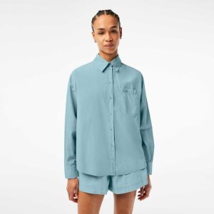 Blue Lacoste Oversized Cotton Poplin Shirt | HAFDKC-951