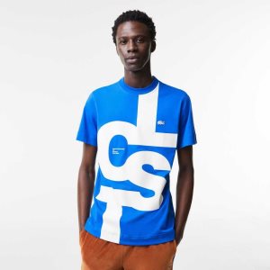 Blue Lacoste Regular Fit Contrast Lettering Cotton T-Shirt | JGSURE-851