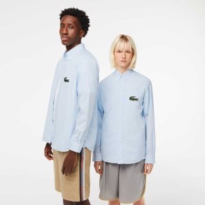 Blue Lacoste Relaxed Fit Large Crocodile Cotton Shirt | CHWRVL-756