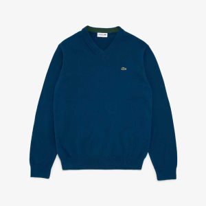 Blue Lacoste V-Neck Cotton Sweater | IAPQFX-847