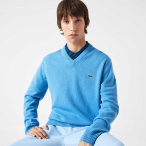 Blue Lacoste V-Neck Wool Sweater | JCAWPB-563