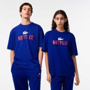 Blue Lacoste x Netflix Loose Fit Organic Cotton T-Shirt | CAJEIN-168