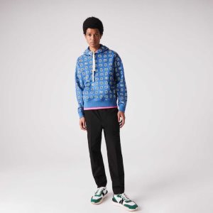 Blue / White Lacoste LIVE Loose Fit Print Cotton Hoodie | GNSUOF-812