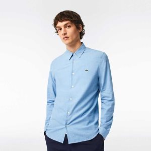 Blue / White Lacoste Slim Fit Cotton Chambray Shirt | JXOKMP-038