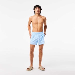 Blue / White Lacoste Two-Tone Monogram Print Swim Trunks | SNLWPM-207