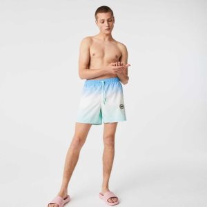 Blue / White / Turquoise Lacoste LIVE Gradated Print Swimming Trunks | NYZBQS-361