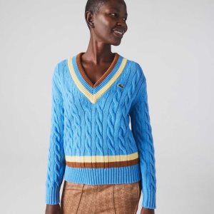 Blue / Yellow / Brown Lacoste V-Neck Cable Knit Wool Sweater | MSWLNG-421