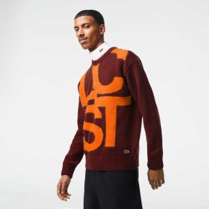 Bordeaux / Orange Lacoste Classic Fit Contrast Lettering Wool Sweater | ECPRHI-924