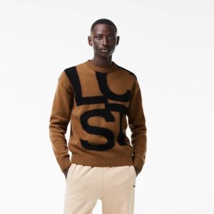 Brown / Black Lacoste Classic Fit Contrast Lettering Wool Sweater | DOXMUJ-975